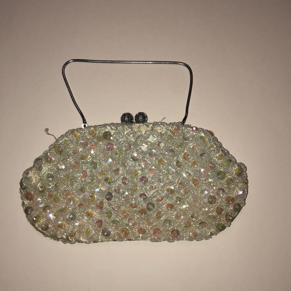Vintage Pale Blue & Silver Beaded Sequined Bag Satin Lined with Serpentine Chain